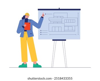 Division of building dimensions in a construction project, semi-outline style, architect vector illustration.