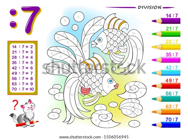 Division by number 7. Math exercises for kids.\
Paint the picture. Educational page for mathematics book. Printable\
worksheet for children textbook. Back to school. IQ training test.\
Vector image.