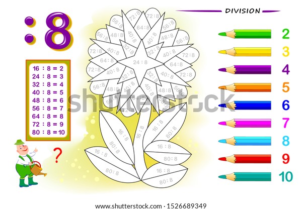Division by number 8. Math exercises for kids.\
Paint the picture. Educational page for mathematics book. Printable\
worksheet for children textbook. Back to school. IQ training test.\
Vector image.