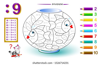 Division by number 9. Math exercises for kids. Paint the picture. Educational page for mathematics book. Printable worksheet for children textbook. Back to school. IQ training test. Vector image.