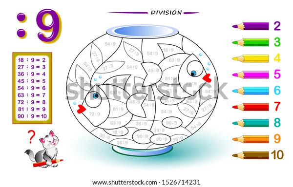 Division by number 9. Math exercises for kids.\
Paint the picture. Educational page for mathematics book. Printable\
worksheet for children textbook. Back to school. IQ training test.\
Vector image.