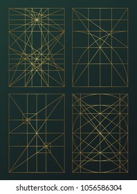 Division in geometry by gold lines on dark green background