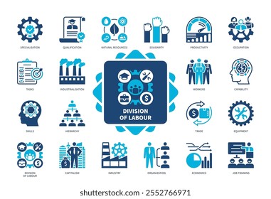 Conjunto de iconos de la División del Trabajo. Especialización, Tareas, Jerarquía, Industrialización, Capacidad, Trabajadores, Industria, Habilidades. Iconos sólidos de color duotono