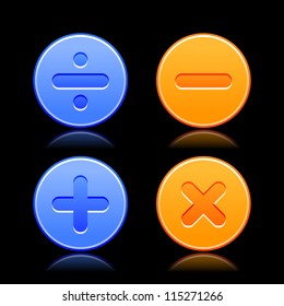 Division, minus, plus, multiplication signs on satin calculator icons. Blue and orange web buttons with reflection on black background. for internet site. Vector illustration design element in 8 eps
