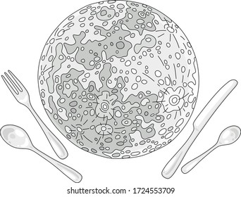 Division of the Moon, the satellite of the Earth served like a sweet cake on a platter for a holiday dinner, vector cartoon illustration on a white background