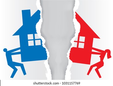 
Division of property at divorce. 
A divorced couple ripping paper with the symbol of the house. Vector available. 