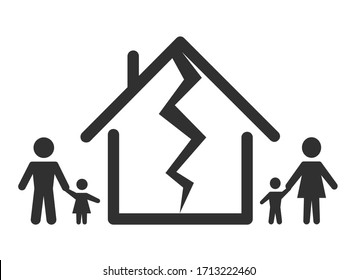 Division of property at divorce. A divorced couple and kids, children with the symbol of the house. Marriage problems icon