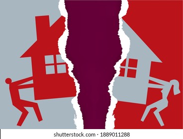 Division of property at divorce.
A divorced couple ripping paper with the symbol of the house. Vector available.