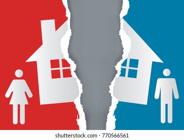 Division of property at divorce.
A divorced couple and ripped paper with the symbol of the house. Vector available.