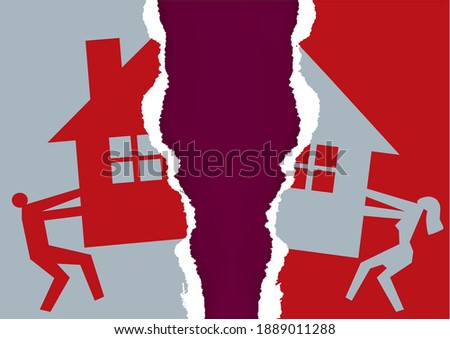 Division of property at divorce.
A divorced couple ripping paper with the symbol of the house. Vector available.