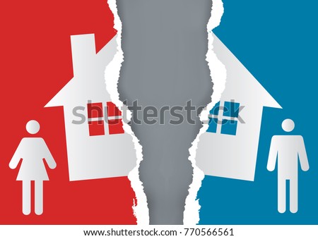 Division of property at divorce.
A divorced couple and ripped paper with the symbol of the house. Vector available.