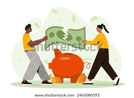 Division of property in divorce proceedings. Man and woman torn banknote near piggy bank. Break up and divorce. Wife and husband legal conflict. Flat vector illustration isolated on white background