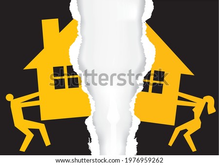 Division of property at divorce, torn paper.
A divorced couple ripping paper with the symbol of the house and  paragraph sign. Vector available. 