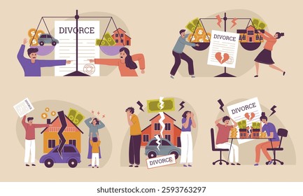 Division of property. Family conflict divorce proceedings and division of jointly acquired property recent vector conceptual stylized flat illustration