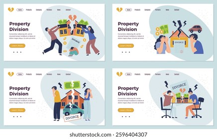 Division of property landing. business web page templates with concept pictures of divorce characters