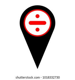 Division sign illustration. Vector. Flat white icon in red circle at black marker on white background. Isolated.