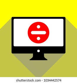 Division sign illustration. Vector. Red icon on white monitor of black all-in-one desktop computer with two shadows at yellow background.