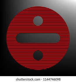 Division sign illustration. Vector. Striped red and black icon at gradient blackish background. Zebra.