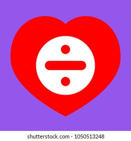 Division sign illustration. Vector. White icon in red heart at lavender background.