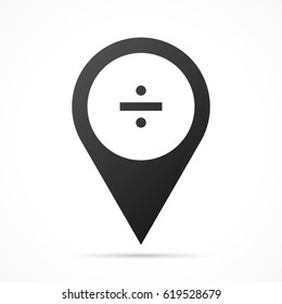 Division sign on map pin. Location pointer isolated on a white background.
Conceptual vector illustration.