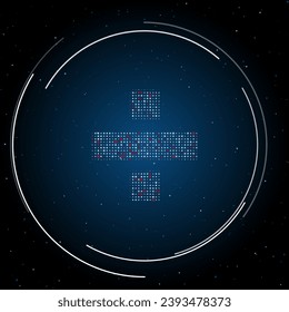The division symbol filled with white dots. Pointillism style. Some dots is red. Vector illustration on blue background with stars
