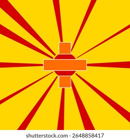 Division symbol on a background of red flash explosion radial lines. The large orange symbol is located in the center of the sun, symbolizing the sunrise. Vector illustration on yellow background
