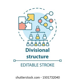 Divisional corporate structure concept icon. Organization hierarchy idea thin line illustration. Leadership and teamwork. Company top management. Vector isolated outline drawing. Editable stroke