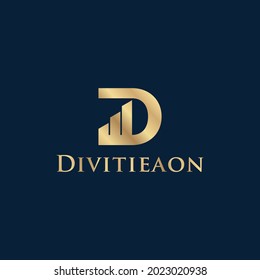 logotipo de la letra d de división con escalera de actualización de color dorado