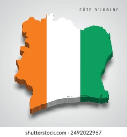 Côte d'ivoire 3d map with national flag on grey background