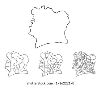 Côte d'Ivoire outline map vector with administrative borders, regions, municipalities, departments in black white colors