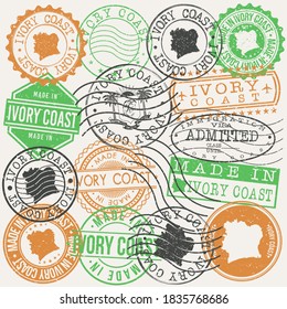 Côte d'Ivoire Set of Stamps. Travel Passport Stamps. Made In Product Design Seals in Old Style Insignia. Icon Clip Art Vector Collection.