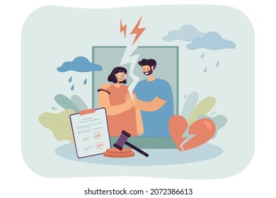 Divorce Agreement With Signatures From Ex Husband And Wife. Torn Photo Of Couple People, Gavel And Broken Heart Flat Vector Illustration. Divorce, Breakup, Family And Relationship Problem Concept