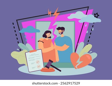 Divorce agreement with signatures from ex husband and wife. Torn photo of couple people, gavel and broken heart flat vector illustration. Divorce, breakup, family and relationship problem concept