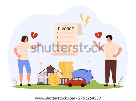 Divorce and asset division concept, featuring a couple dividing possessions like a house and car, isolated on white background vector illustration.