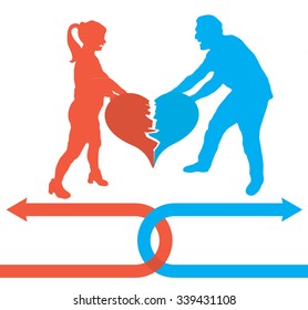 Divorce Brake Up Illustration With Couple Tearing Heart
