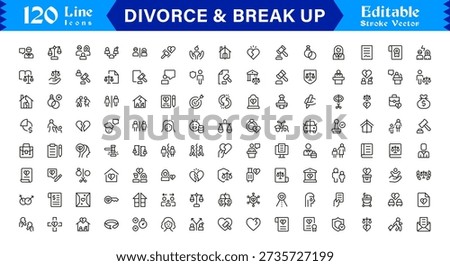 Divorce And Break Up Professional Line Icon Set, Modern Minimal Editable Vector Collection Of Heartbreak, Separation, Legal Papers, Dispute, Sadness, Emotions