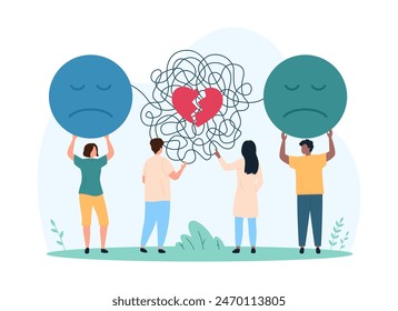 Divorce and breakup of couple, conflict and bad conversation problem. Tiny people holding sad emoji, man and woman with chaos of communication line and broken heart cartoon vector illustration