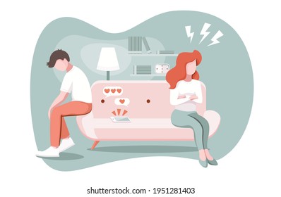 Divorce, breakup, ignore concept. Married couple argument, man and woman in a quarrel and misunderstanding, ignore each other in apartment. Suspicion of treason. vector illustration