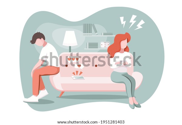 Divorce,\
breakup, ignore concept. Married couple argument, man and woman in\
a quarrel and misunderstanding, ignore each other in apartment.\
Suspicion of treason. vector\
illustration