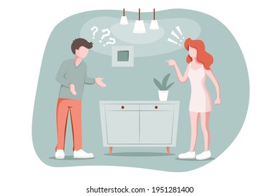 Divorce, breakup love concept. Married couple quarrels, woman accuses man of something, misunderstanding, resentment, argument and manipulation in love relationship.. Relationship problem, vector.