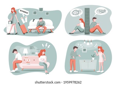 Divorce, breakup, separation concept set. Depressed man and woman divided by stone wall, married couple having relationship problem, vector illustration in flat style