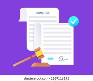 Divorce certificate concept. Official paperwork process of terminating a marriage or marital union. Marriage cancellation documents. End of relationship between a married couple vector illustration