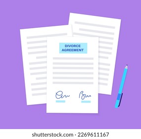 Concepto de certificado de divorcio. Proceso de documentación oficial para poner fin al matrimonio o a la unión marital. Documentos de cancelación del matrimonio. Fin de la relación entre una pareja casada ilustración vectorial
