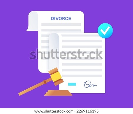 Divorce certificate concept. Official paperwork process of terminating a marriage or marital union. Marriage cancellation documents. End of relationship between a married couple vector illustration