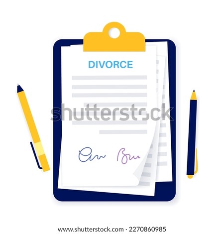 Divorce certificate concept. Official paperwork process of terminating a marriage or marital union. Marriage cancellation documents. End of relationship between a married couple vector illustration