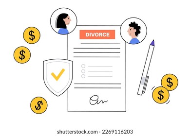 Divorce certificate concept. Terminating a marriage or marital union. Marriage cancellation documents. End of relationship between a married couple. Division of assets on divorce vector illustration