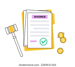 Divorce certificate concept. Terminating a marriage or marital union. Marriage cancellation documents. End of relationship between a married couple. Division of assets on divorce vector illustration