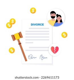 Divorce certificate concept. Terminating a marriage or marital union. Marriage cancellation documents. End of relationship between a married couple. Division of assets on divorce vector illustration