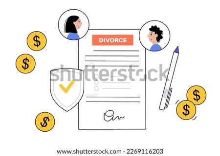 Divorce certificate concept. Terminating a marriage or marital union. Marriage cancellation documents. End of relationship between a married couple. Division of assets on divorce vector illustration