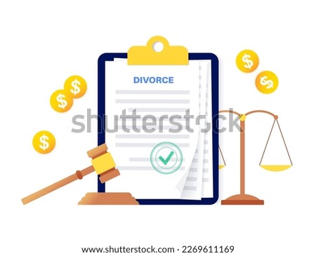 Divorce certificate concept. Terminating a marriage or marital union. Marriage cancellation documents. End of relationship between a married couple. Division of assets on divorce vector illustration